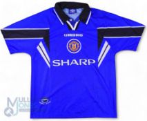 1997/98 Manchester United Multi-Signed 3rd football shirt in blue, Umbro/Sharp, size M, short
