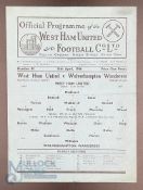 1945-46 Wet Ham United v Wolverhampton Wanderers 13th April 1946 single sheet football programme,