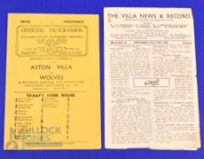 1946/47 Wolverhampton Wanderers v Aston Villa programme 11 September 1946 (team changes o/wise