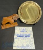 Derby County FC wooden model of the club's ram in hard wood, Centenary Cup Winners plated tray