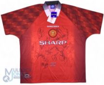 1997/98 Manchester United Multi-Signed home football shirt in red Umbro/Sharp, XXL, short sleeve,