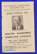 1945/46 FAC semi/final Bolton Wanderers v Charlton Athletic match programme 23 March 1946 at Villa
