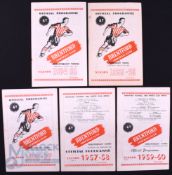 Shrewsbury Town away match programmes v Brentford 1954/55, 1955/56, 1956/57, 1957/58, 1959/60; fair.