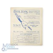 1947/48 Bolton Wanderers v Stoke City Div. 1 match programme 23 August 1947; slight crease, score