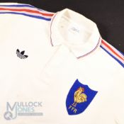 1988 France White Rugby Jersey: Phillipe Berot 14 Adidas white example with red/blue stripes to