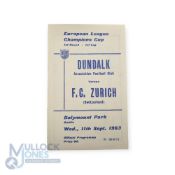 1963/64 European Cup match programme Dundalk v FC Zurich at Dalymount Park 11 September 1963;