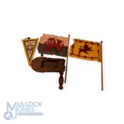 c1930 Wooden Football Rattle, two Wales and Scotland National Team flags and a 1960 Brazil