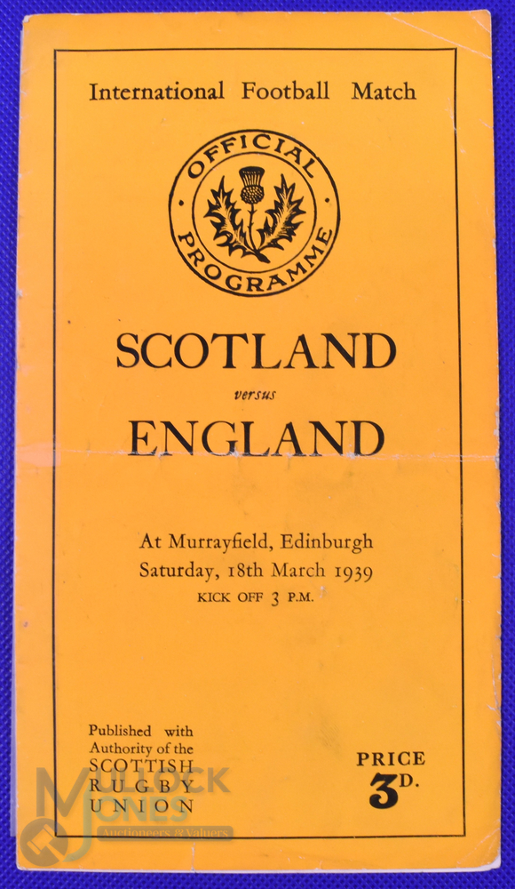 Scarce 1939 Scotland v England Rugby Programme: Last England Murrayfield clash pre-WW2. Standard