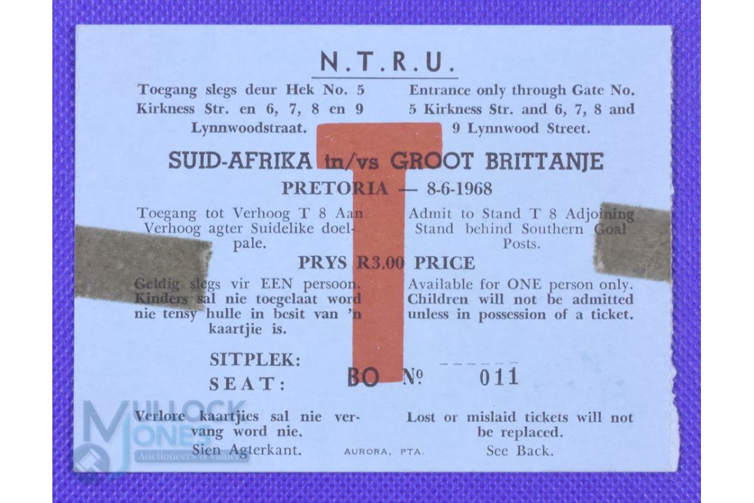 1968 British and I Lions Rugby, Ticket First Test Pretoria: Large blue card stand ticket for the
