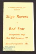 1977/78 European Champions Cup Sligo Rovers v Red Star Belgrade match programme 28 September 1977;