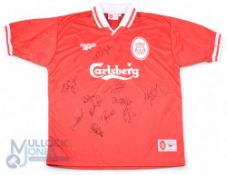 1997/98 Liverpool Multi-Signed home football shirt in red, Reebok/Carlsberg, short sleeve, 42/44