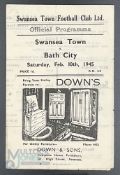 1944-45 Swansea Town v Bath City 10th February 1945 football programme, having light pocket folds