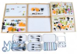 Collection of seven fly boxes, two lacquered Ron Thompson boxes 11”x8”, and one double sided unnamed