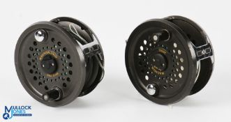 A pair of Leeds Magnum 200D alloy salmon fly reels - 4” wide spool with 2 screw latch and counter