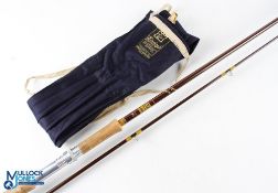 Hardy Fibalite spinning rod, 7/8lbs, 8’6” 2 piece brown hollow glass, guides whipped green, tipped