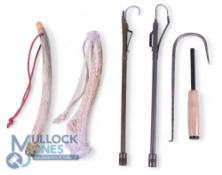 Pair of vintage brass extending trout gaffs with priest heads, spring belt clips and point