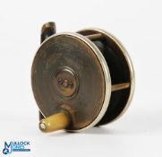 Hardy 2.5” brass and ebonite trout fly reel c1890, tapered horn handle, bridge foot, German silver