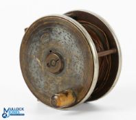 R Ramsbottom Market Street, Manchester brass and ebonite salmon fly reel 3.5” wide spool with horn