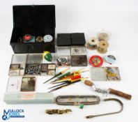 Fly Fishing Collection - tins of assorted flies, black Tackle tin with vintage tackle - floats,