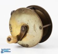 J McGowen London brass crank wind reel with raised check housing, 3.25” spool with cranked arm and
