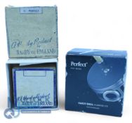 Three Hardy card reel boxes, green/cream box for 3” St George, a similar pattern 3 ¾” Perfect and