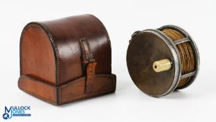 C Farlow and Co Ltd 4.5” brass faced wide drum salmon fly reel and Farlow leather D block reel