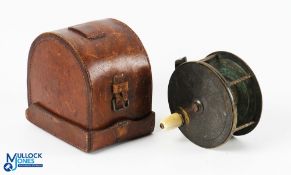 C Farlow and Co 4” all brass fly reel and leather D block reel case (missing strap) fish logo