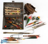 Metal Tackle Tin with contents of period line winders floats, Pike floats, Pike gaga. early homemade