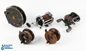 Unnamed centre pin/trotting reel with black crackle finish, 5” narrow drum spool, front spindle