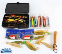 A collection of fishing tackle, as follows: plastic box with artificial sea fishing lures, 21, 50 to