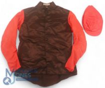 Horse Racing Silks and Colours. Black body, red sleeves by Race Equipment with red cap by D