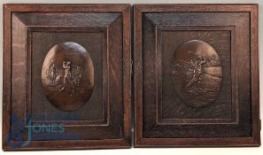 Pair of Period Copper Golfing Plaques, in good original oak frames with golfing scenes embossed