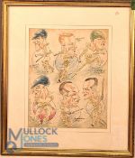 1930s Original Cricket Caricature in Crayon. Featuring 6 players Holmes Yorkshire, O'Connor Essex,