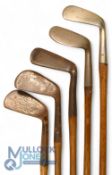 5x Assorted Irons inc' Fourlis patent flat soled round topped niblick, Genie deep faced mashie by