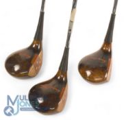 3x Tommy Armour Signature MacGregor Tourney persimmon Drivers - serial no 121, 653T and 4375 stamped