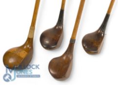 4x Assorted socket neck woods incl large head stripe top light stained brassie stamped Auchterlonie,