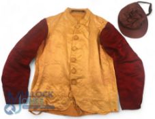 Horse Racing Silks and Colours. Gold body, maroon sleeves by G W Tyson Dublin with black cap un-