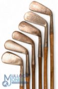 6x Various irons incl Mark Seymour no 3 iron, deep face mashie with punch dot face markings, C