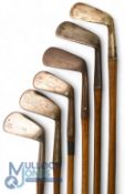 6x Assorted mashie irons incl W Benutt Special showing a barbell cleek mark mashie, The Biner mashie