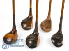 5x Assorted socket neck woods incl fine T Travers dark stained brassie with decorative crown