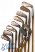 10x Assorted irons incl Maxwell mid iron and mashie niblick by W Watt, J H Taylor autograph reg