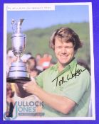 Autograph - Tom Watson signed photograph holding the Turnberry 1977 Open Championship Trophy with