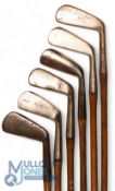 6x Assorted irons incl round back Sammy showing three Crown marks, C James no 2 iron, no 2 iron,