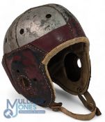 Vintage Rawlings A12 American Football Helmet. 1940s red and silver with adjustable strap overall