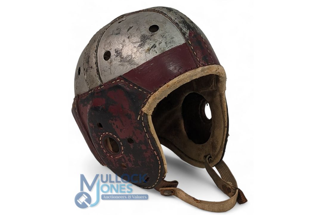 Vintage Rawlings A12 American Football Helmet. 1940s red and silver with adjustable strap overall - Image 1 of 3