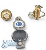 3 Golf themed Quartz Clocks: fob watch, 2 small gold finish mantel clocks of a golf ball and set