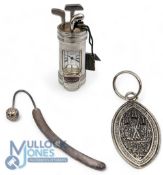 Golf Collectables: a silver 925 bookmark St Andrews key fob, a quartz small golf caddy, brass with