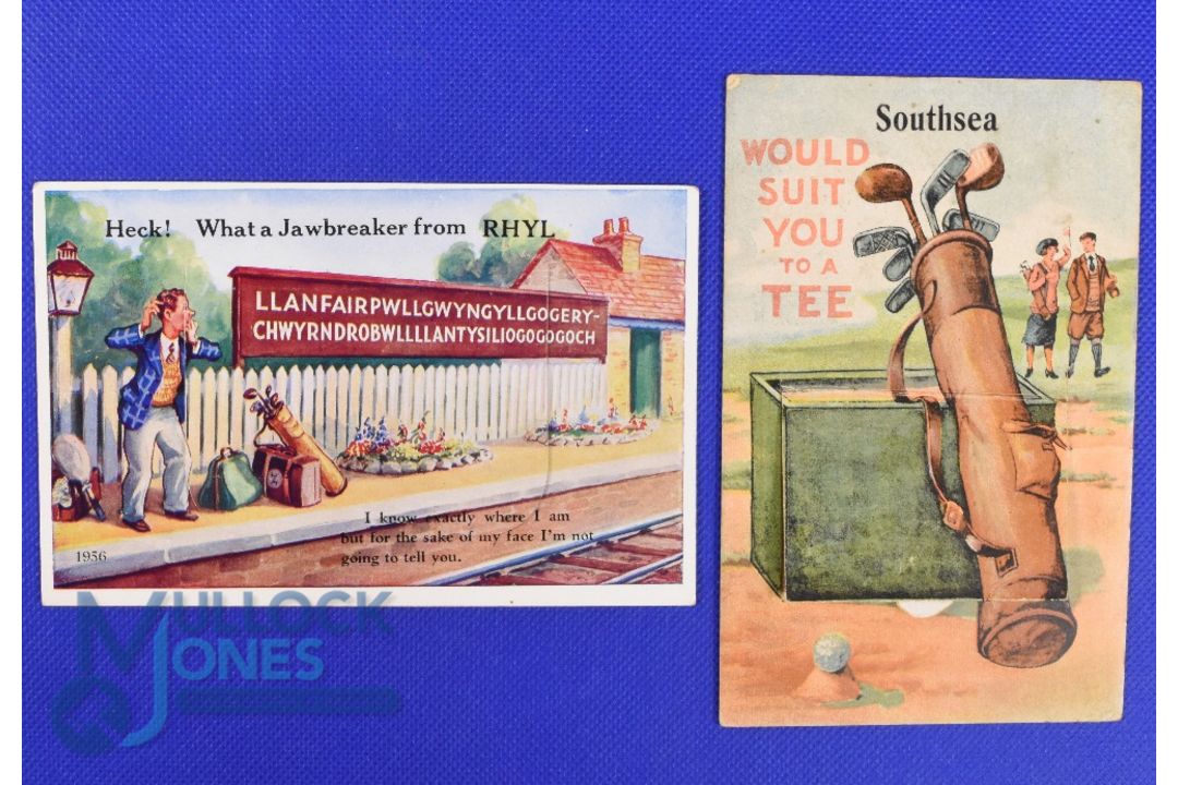 2x "Mailing Novelty" golfing related souvenir coloured postcards - each featuring flip up front