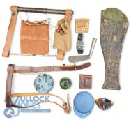 Period Golf Accessories, to include ball cleaners, tees, a golf pal scorer, leather golf tee bag,