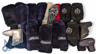Quantity of assorted Golf Cub Covers, assorted clubs, drivers, and putters, with noted examples of